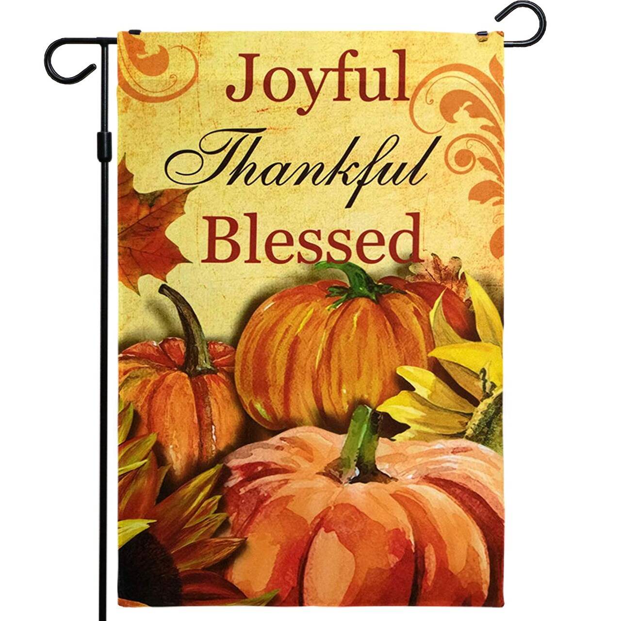 G128 - Home Decorative Thanksgiving Garden Flag, Joyful Thankful and Blessed Quote with Pumpkins and Maple Leaves Decorations,  | 12x18 Inch | Printed 150D Polyester - Rustic Holiday Seasonal Outdoor Flag